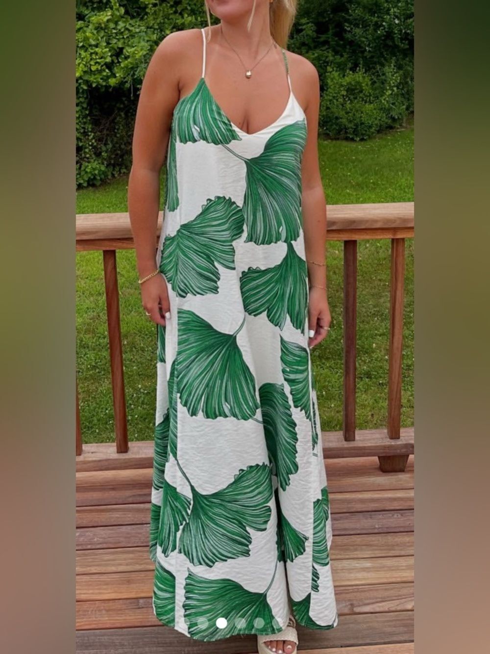 Tahari ASL White Maxi Dress with Green Leaf Print